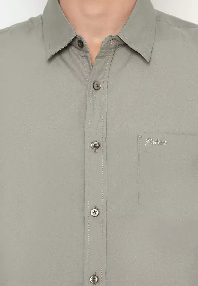 POLICE Kemeja Polos Basic Cotton Soft Grey Regular Fit Pria