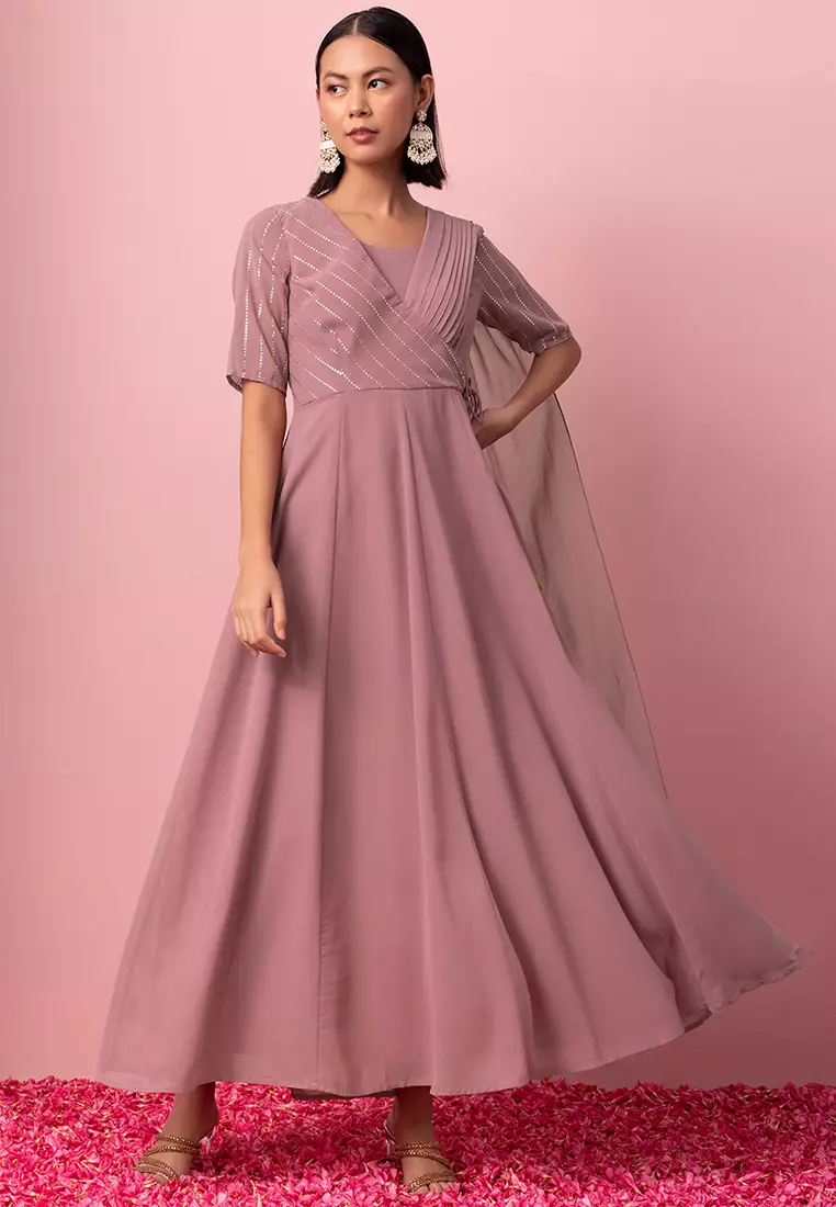 Light Pink Striped Foil Print Angrakha Kurta With Attached Dupatta