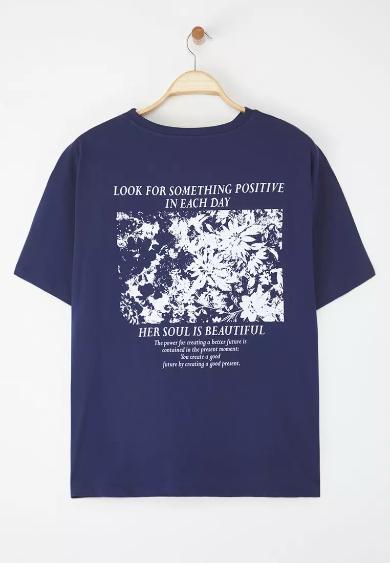 Navy Blue Oversize Fit 100% Cotton Front And Back Printed Knitted Plus Size T-Shirt Tbbss25Bf00002