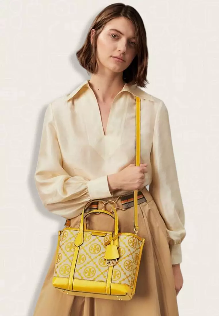Tory Burch Perry T Monogram Small Triple-Compartment Tote Goldfinch