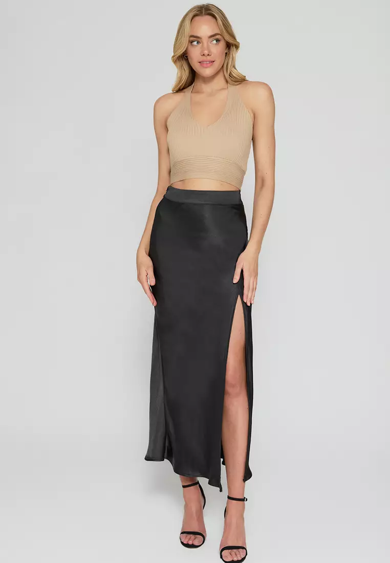 Lace Asos Satin Skirt ASOS DESIGN Satin Split Front Lace Trim Mini