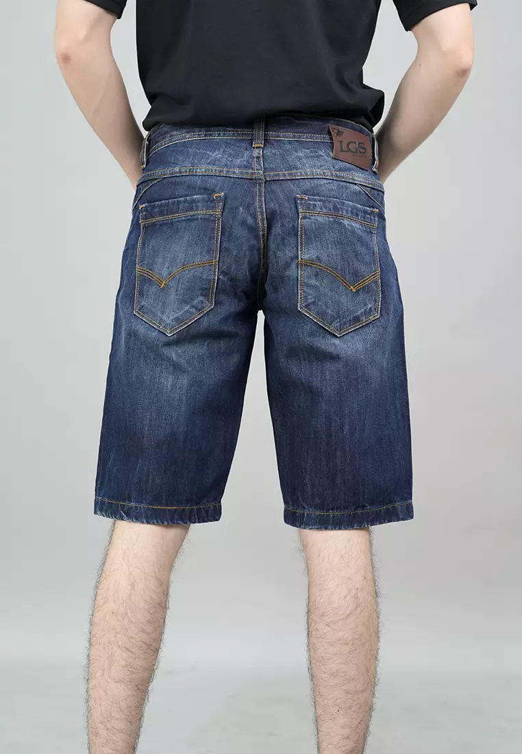 LGS - Celana Pendek Jeans Pria Motif Washed Whiskers Blue Denim - JSS.416.P079.A666.C