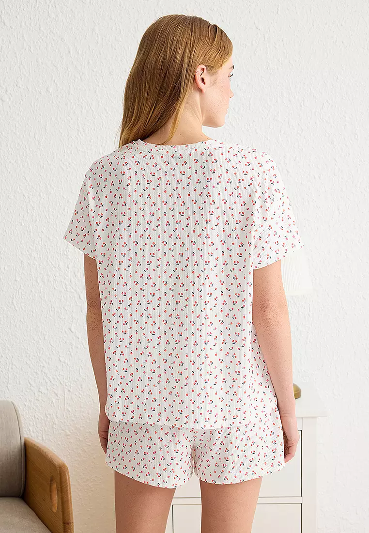 櫻桃印花紋理皺褶針織睡衣套裝