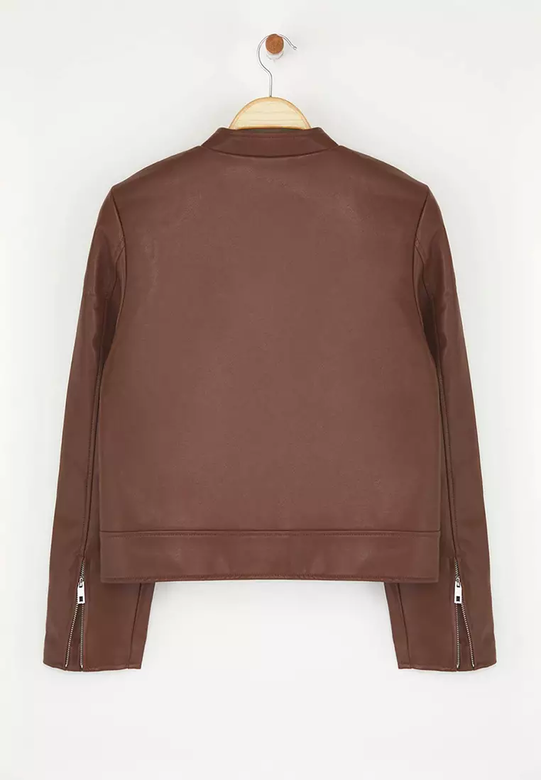 Dark Brown Fitted Mold Faux Leather Biker Slim Jacket Coats
