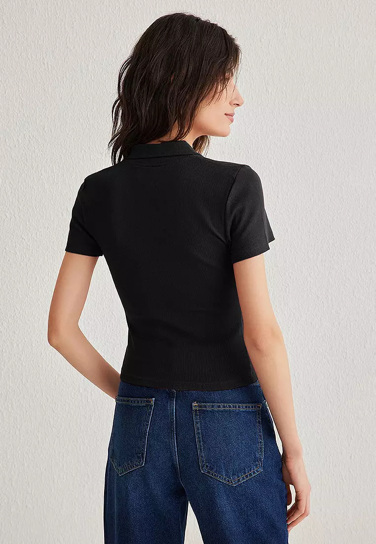 Black Fitted Polo Neck Flexible Knitted Blouse