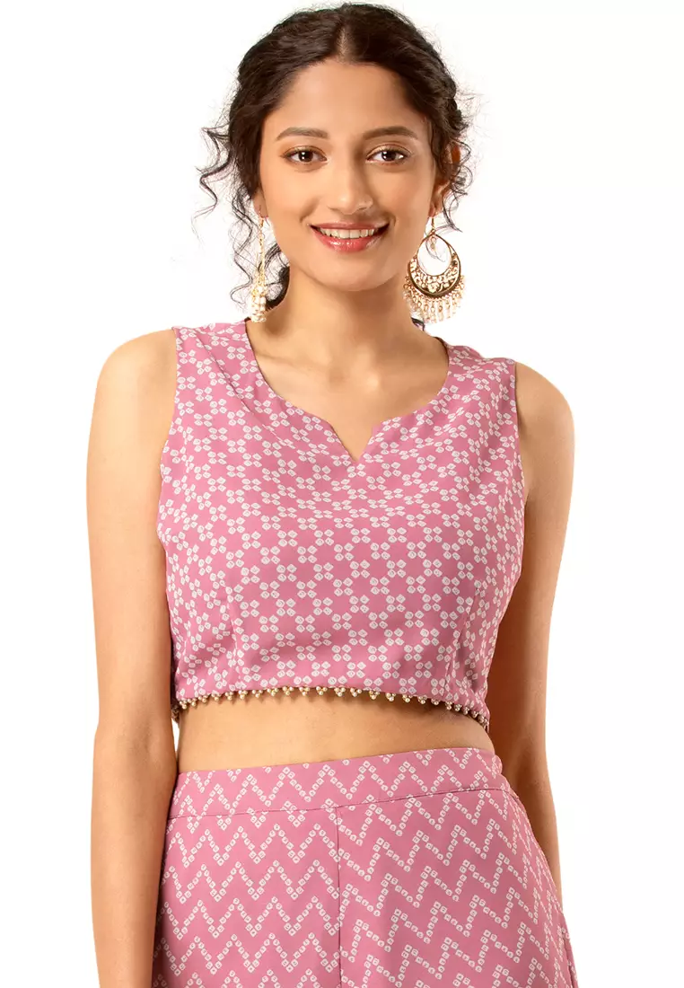 Buy Indya Pink Bandhani Pearl Lace Crop Top Online ZALORA Malaysia