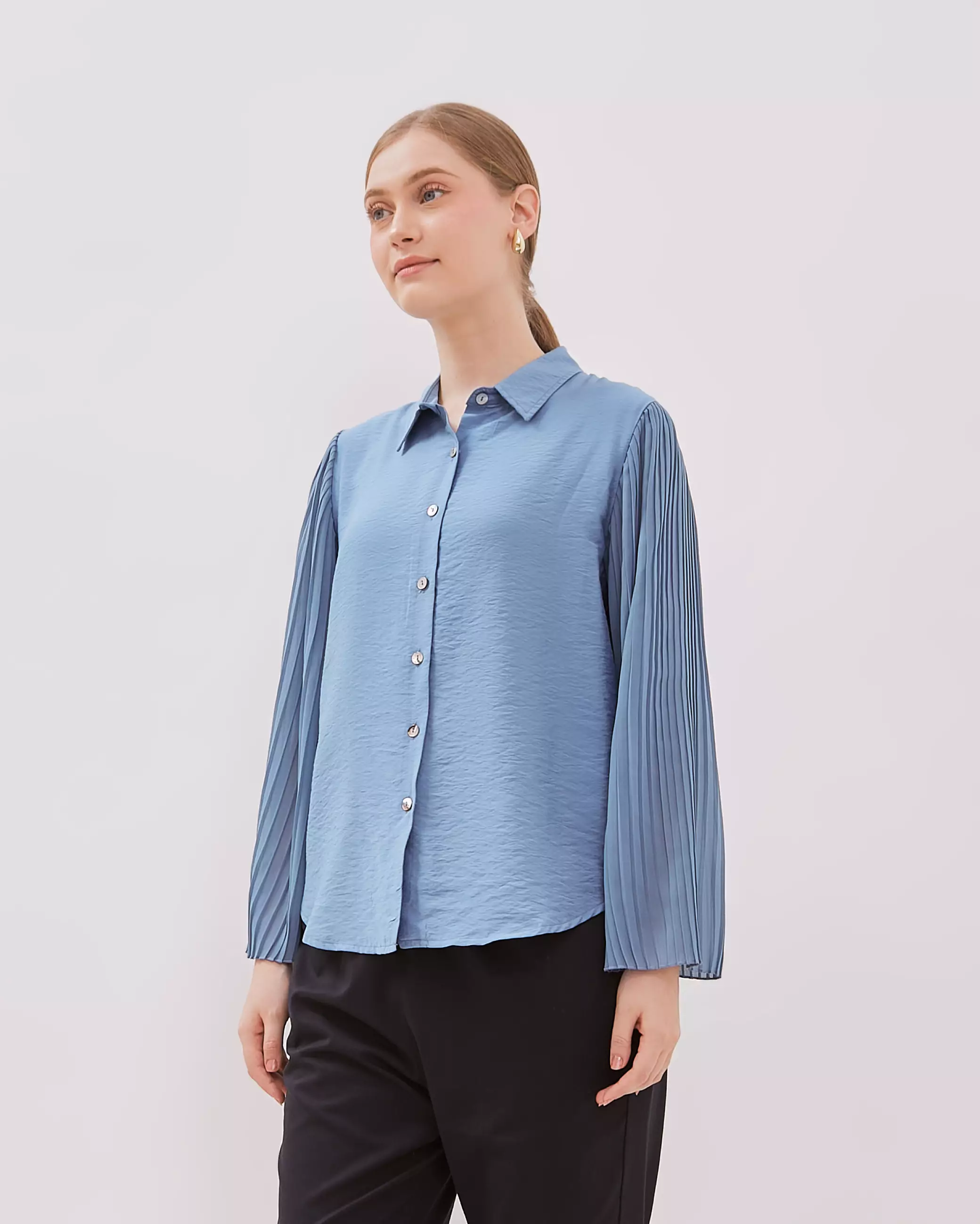 Urban Exchange Molly Blue Blouse - Atasan Blouse Wanita Lengan Panjang Warna Blue