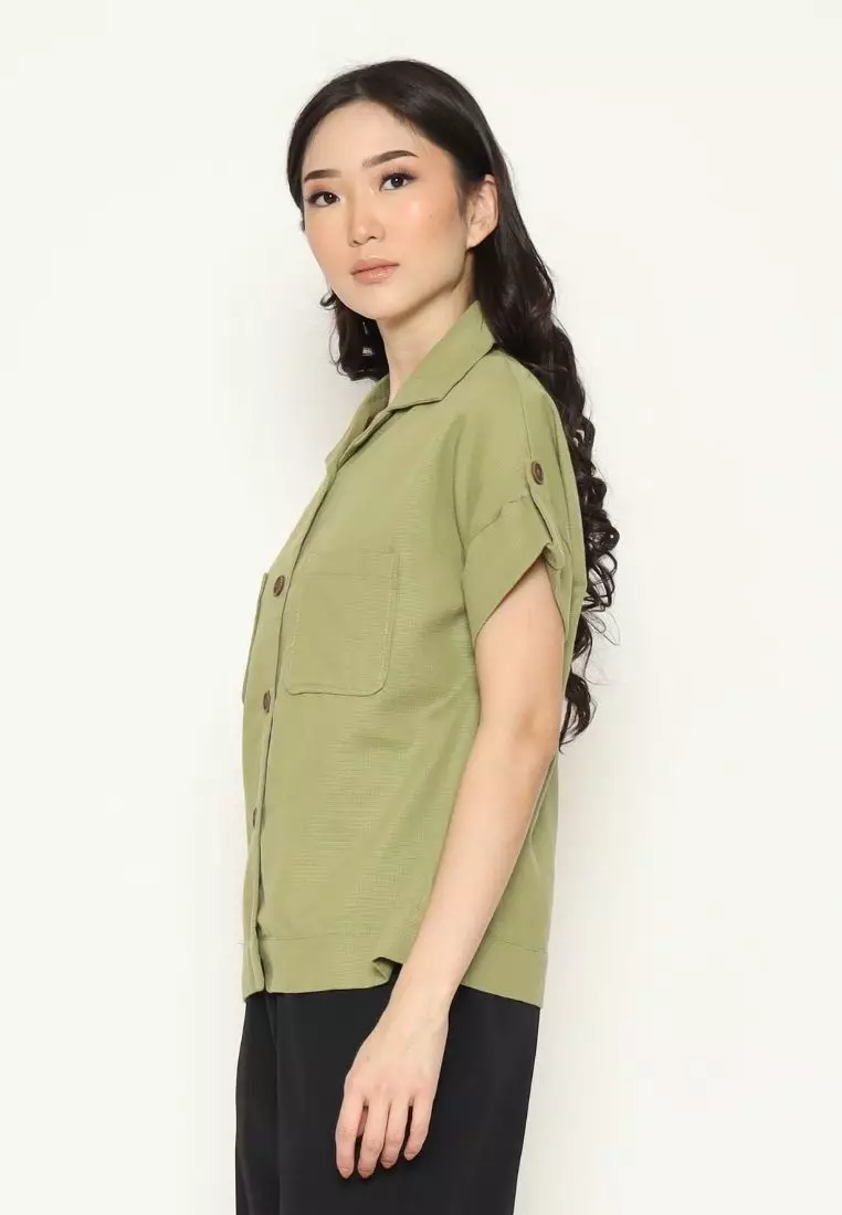 Urban Exchange Namina Green Waffle Shirt - Atasan Kemeja Wanita Lengan Pendek