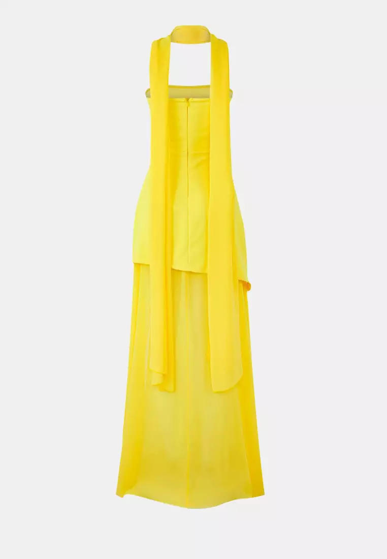 Vibrant Yellow Shawl Detail Maxi Evening Dress