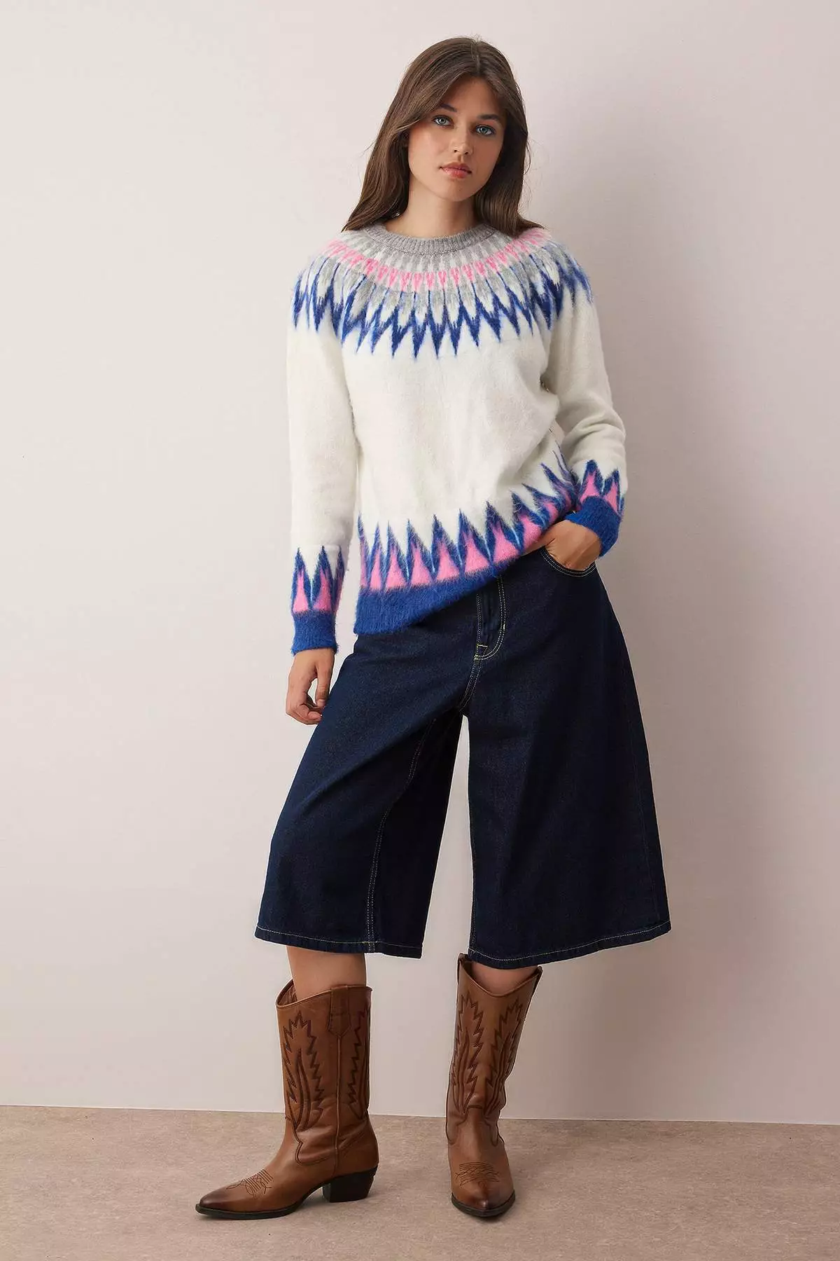 Bone Soft Textured Patterned Knitwear Sweater Twoaw26Kz00172