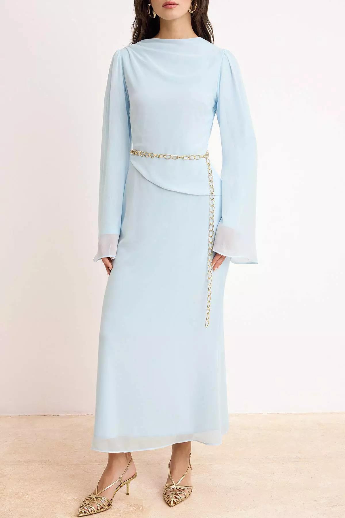 Blue Silk Chiffon Chain Accessory Lined Plain Woven Hijab Dress Tctss26Eb00084