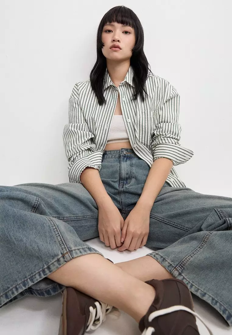 Oversized Striped Button Down Shirt - Dark Green