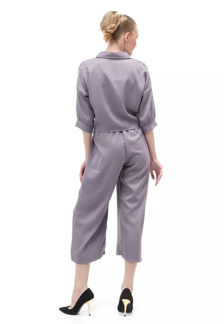 Jumpsuit Wanita Casual Motif Solid Setelan Relaxed Fit - Abu