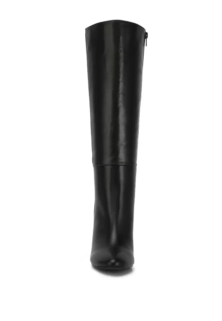 black leather calf length boots