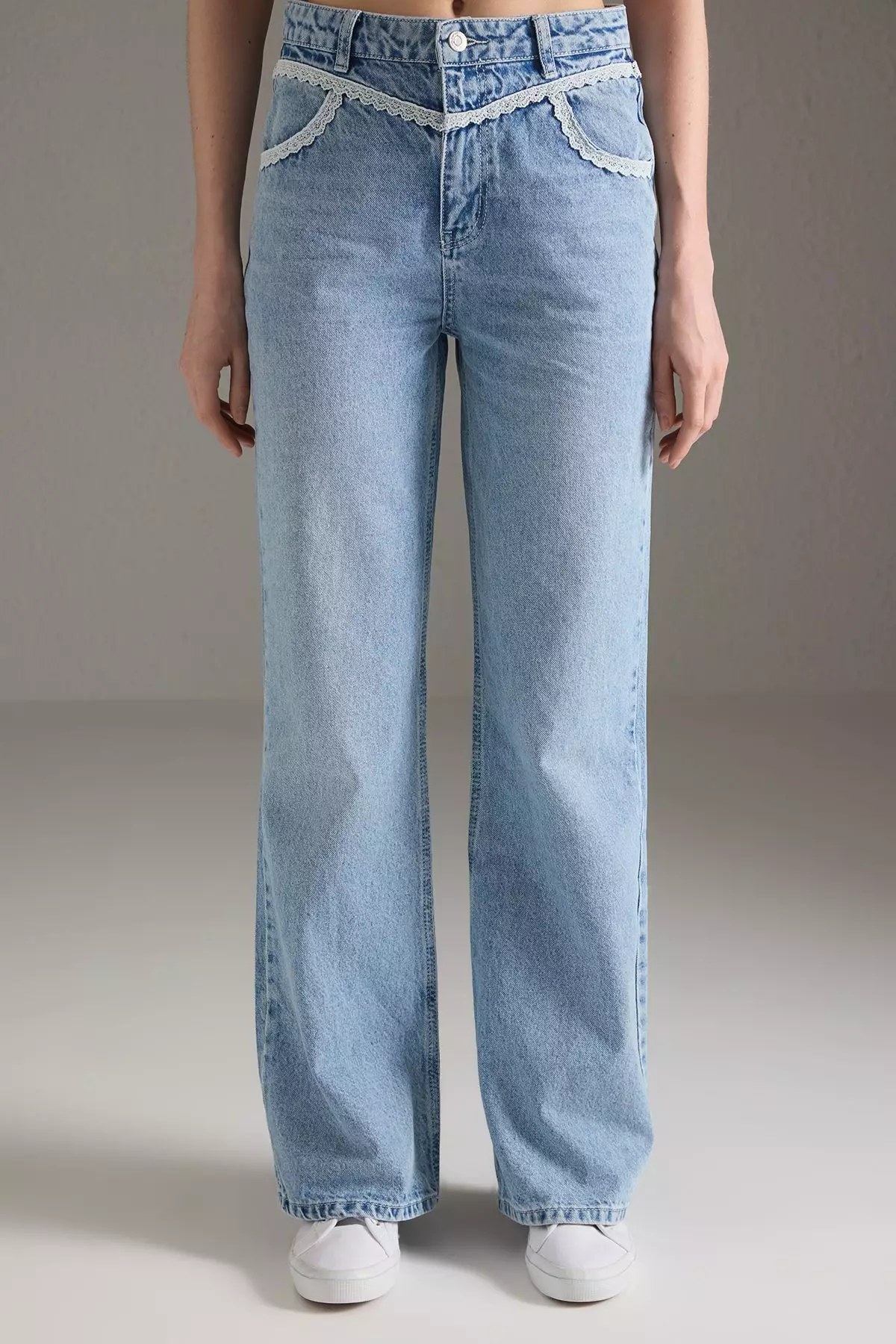 Blue Lace Detailed High Waist Wide Leg Jeans Twoss25Je00227