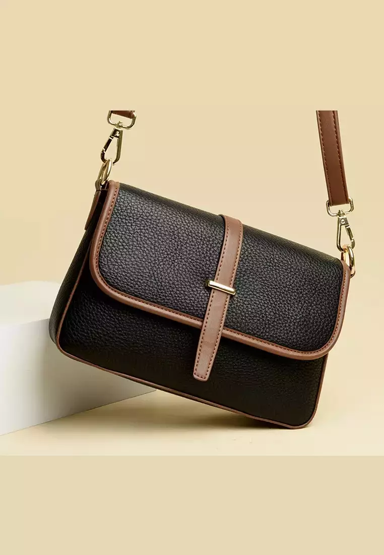 Color Matching Faux Leather Three Way Shoulder Bag