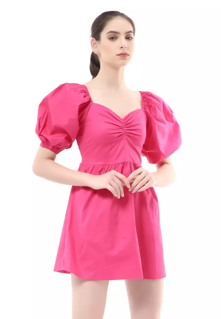Rachel Dress Wanita Ballerina Pluffy Baloon Sleeve Simple Elegant Material Cotton ORIGINAL - Shocking Pink