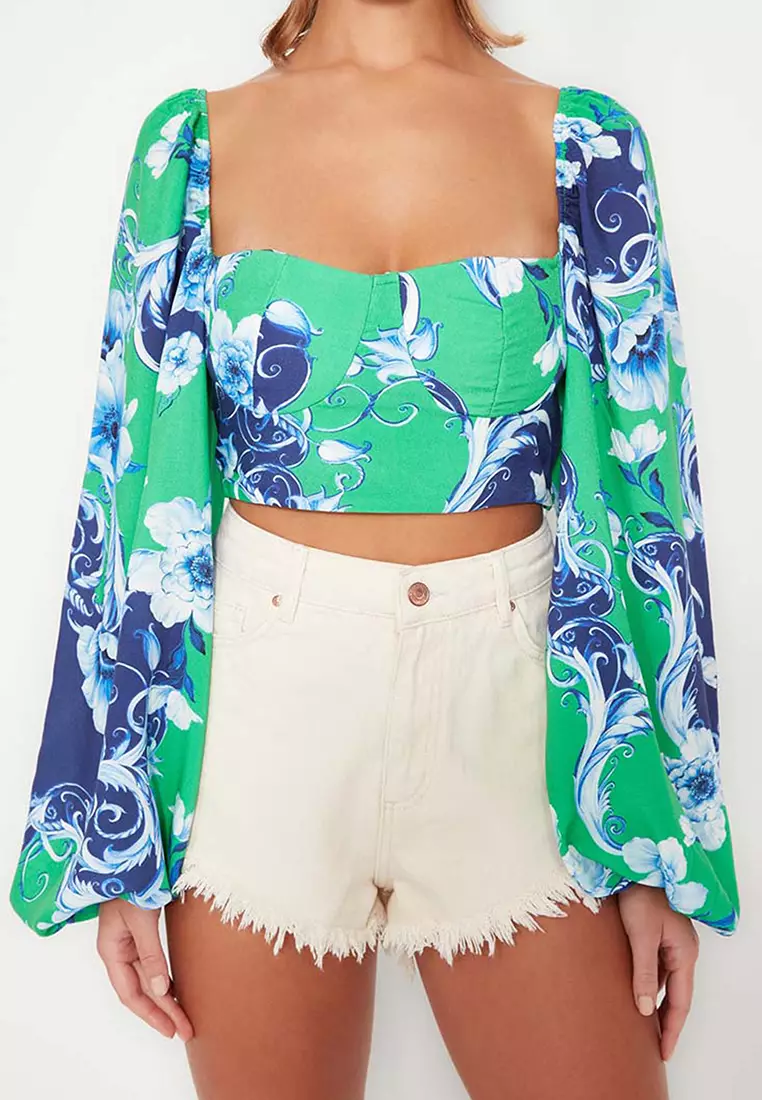 Floral Print Beach Blouse with Balloon Sleeves
