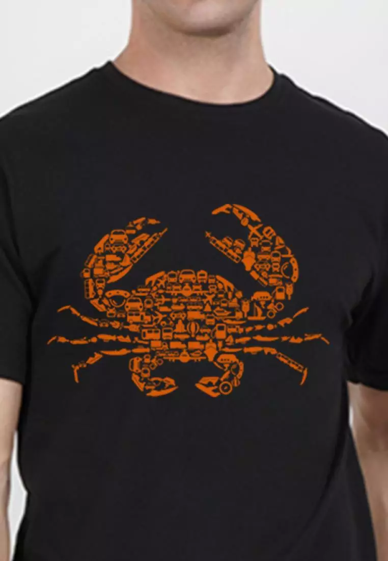 螃蟹印花图案短袖黑色棉质 T 恤