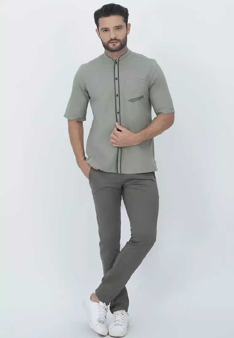 LGS - Baju Koko - Variasi Garis Hitam - Single Pocket - Olive Cerah - CSH.285.S2039K.431.C