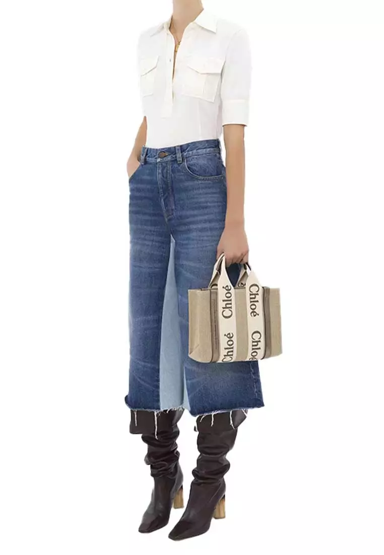 Buy Chloé Small Woody Tote Bag In Linen And Leather Shiny Gray
