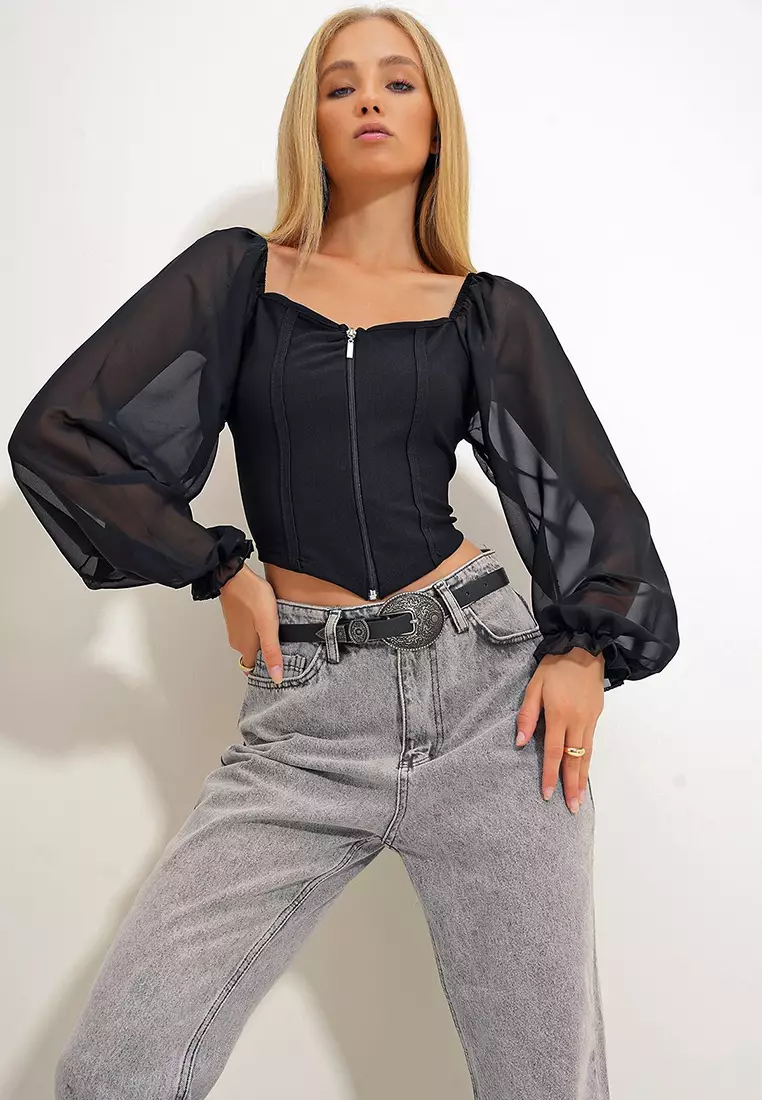 Puff Sleeve Top with Zipper