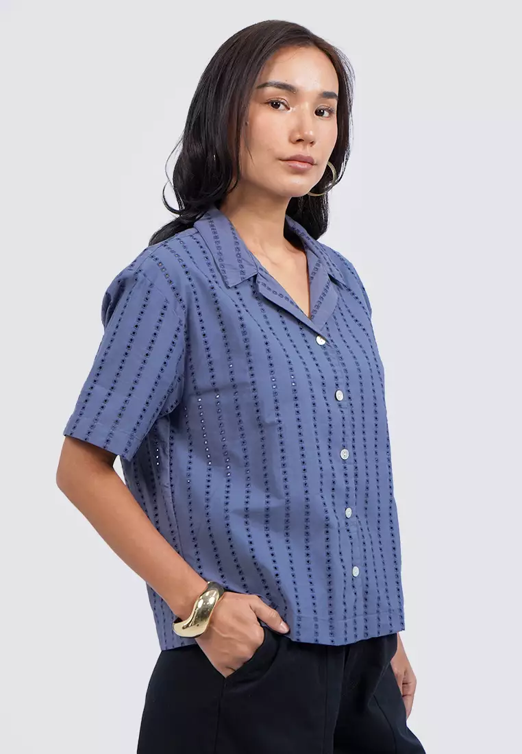 Jual et cetera Notch Collar Short Sleeve Textured Blouse NAVY