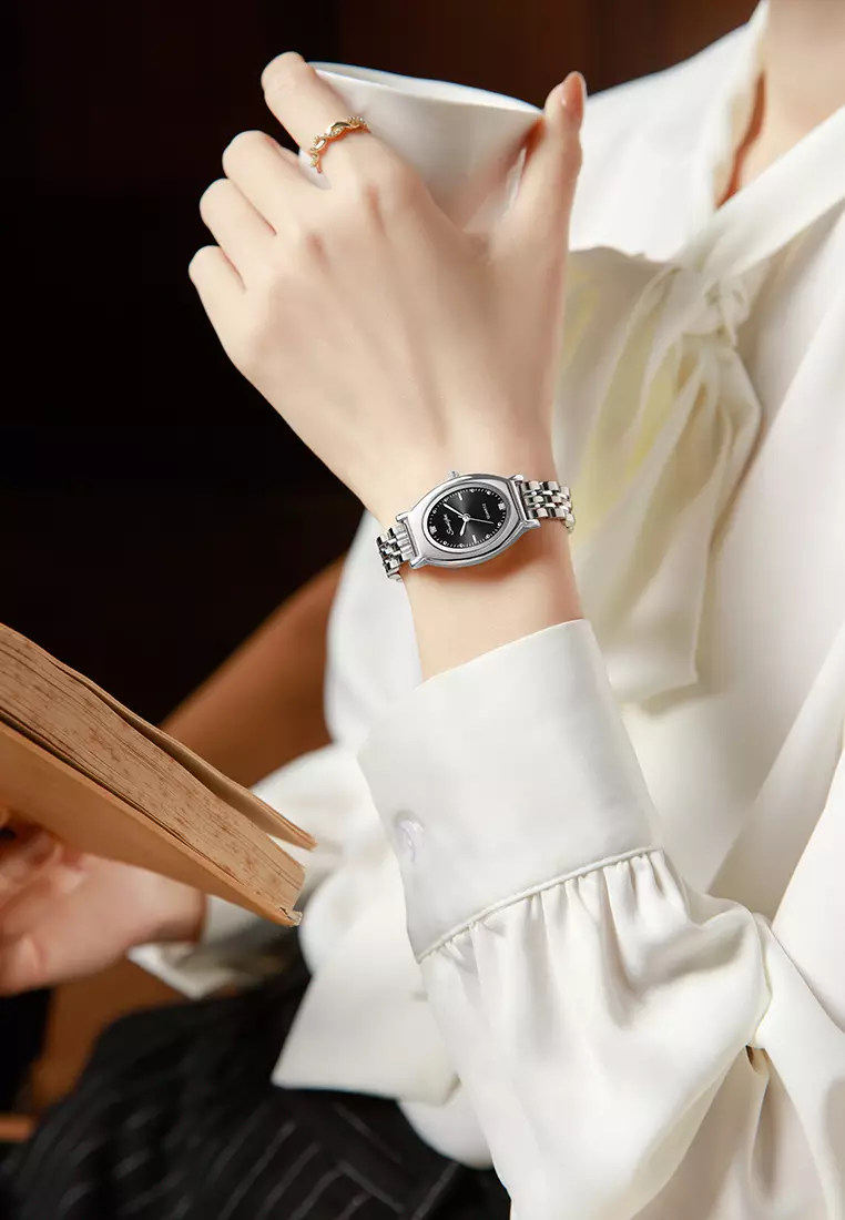 Jam Tangan Wanita Original Oval Korea Elegan Vintage Kuarsa Tali Alloy Jam Tangan CewekA008 silver black