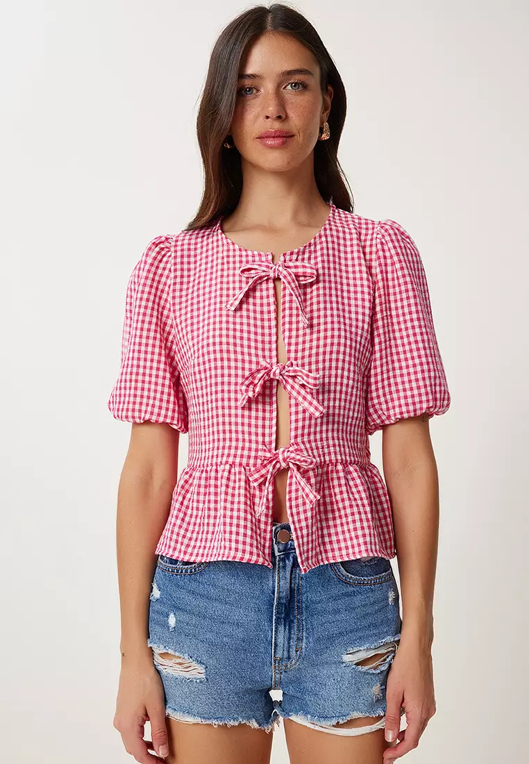 Women's Pink Checkered Binding Detailed Linen Blouse Tp00094