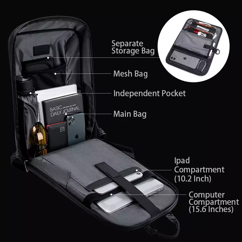 Arctic hunter B00451 Tas Ransel Backpack Laptop Kerja pria Anti Theft TSA Lock 15.6 Inch - BLACK