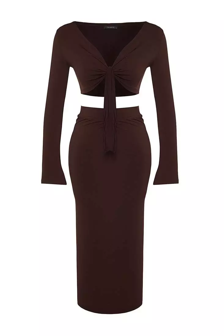 Buy Trendyol Dark Brown Lacing Detail Super Crop and Midi Flexible Knit Top and Bottom Set 2023