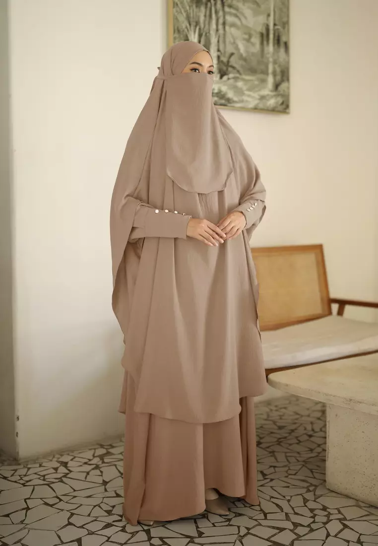 Cotton Bee - Yadira Set Abaya | French Khimar Dress Abaya - Cream Cameo