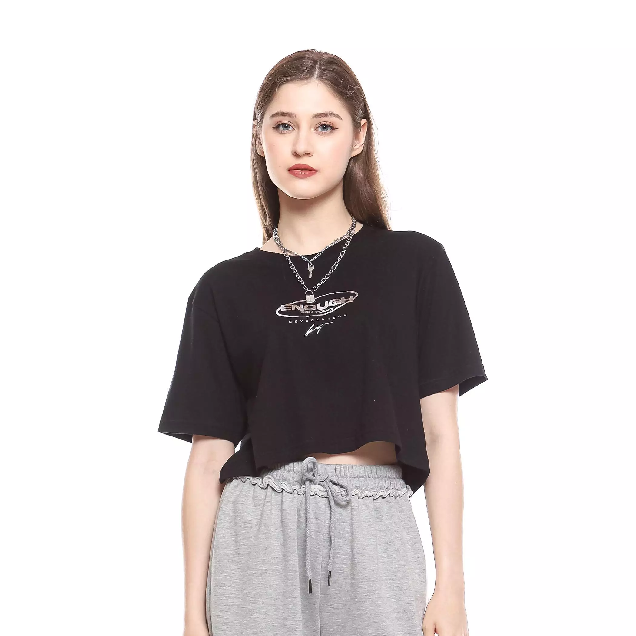 Enough For Today – Kaos Crop Oversize Wanita Hitam Y2K Silverykuiy | T-Shirt Foil Silver Cotton Combed 30s