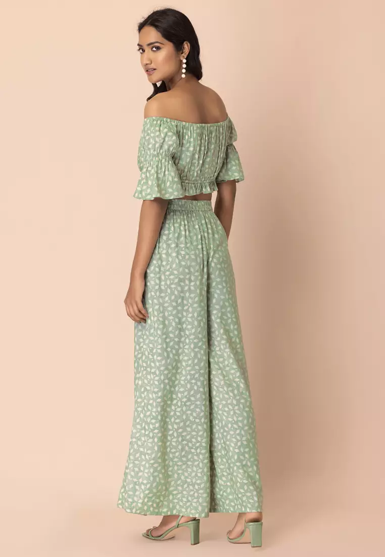 Buy Indya Green Geo Off Shoulder Crop Top and Palazzo Pants Set