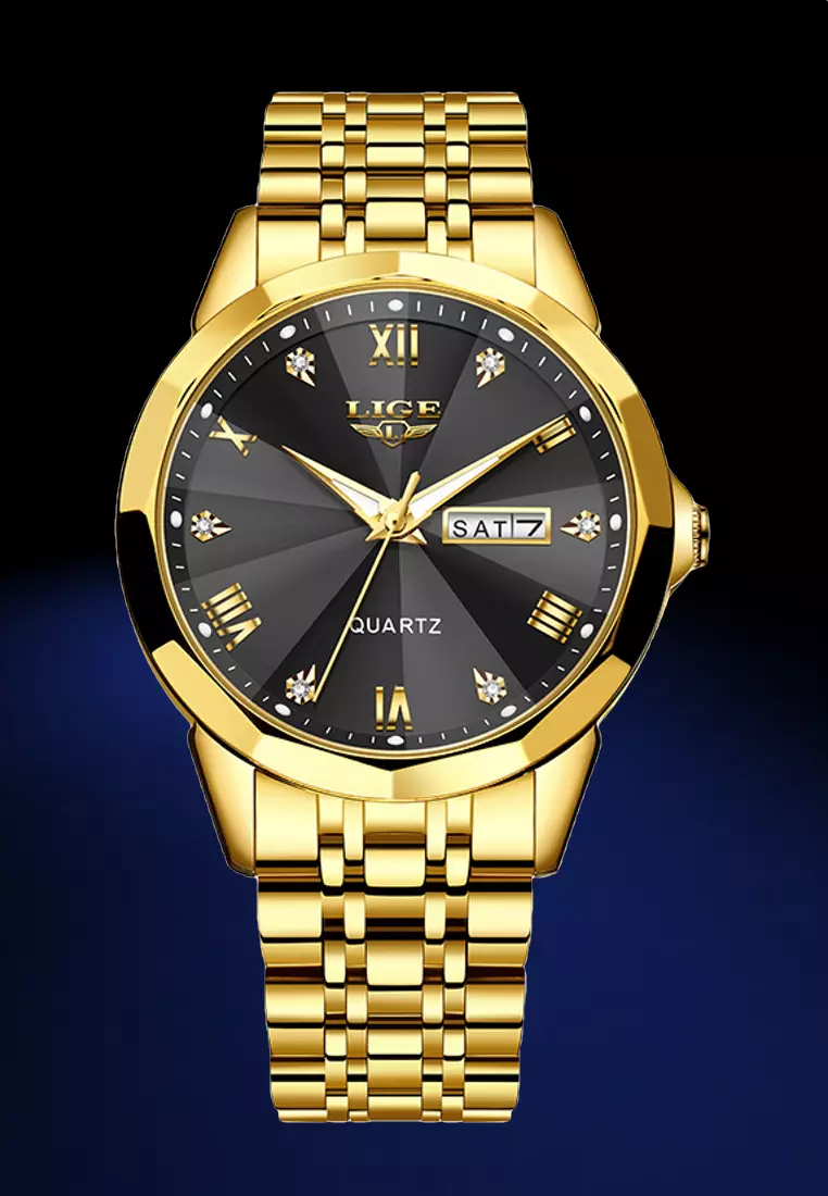 Unisex IP Gold Stainless Steel Quartz Watch, Black Dial, Day/Date, Stainless Steel Bracelet