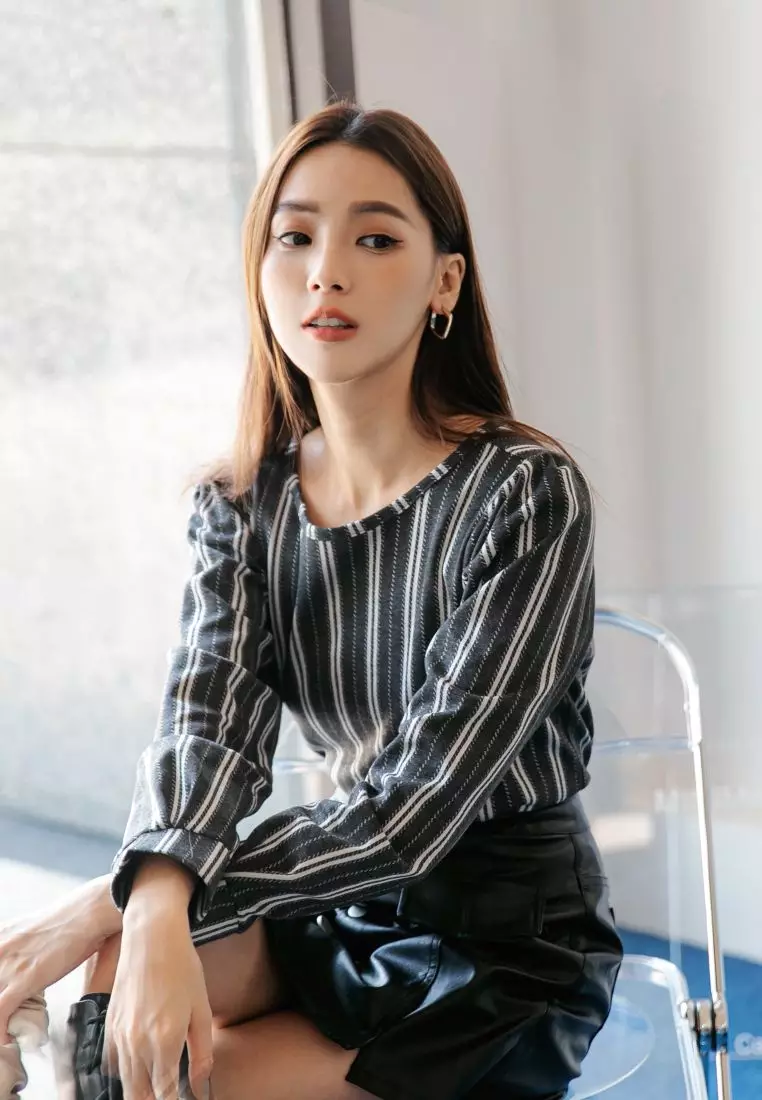 Back Zip Striped Long Sleeve Top [AB16399]