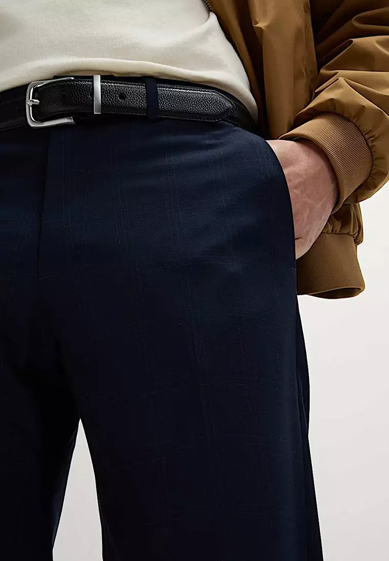 Tailored Fit Flat Front Check Trousers
