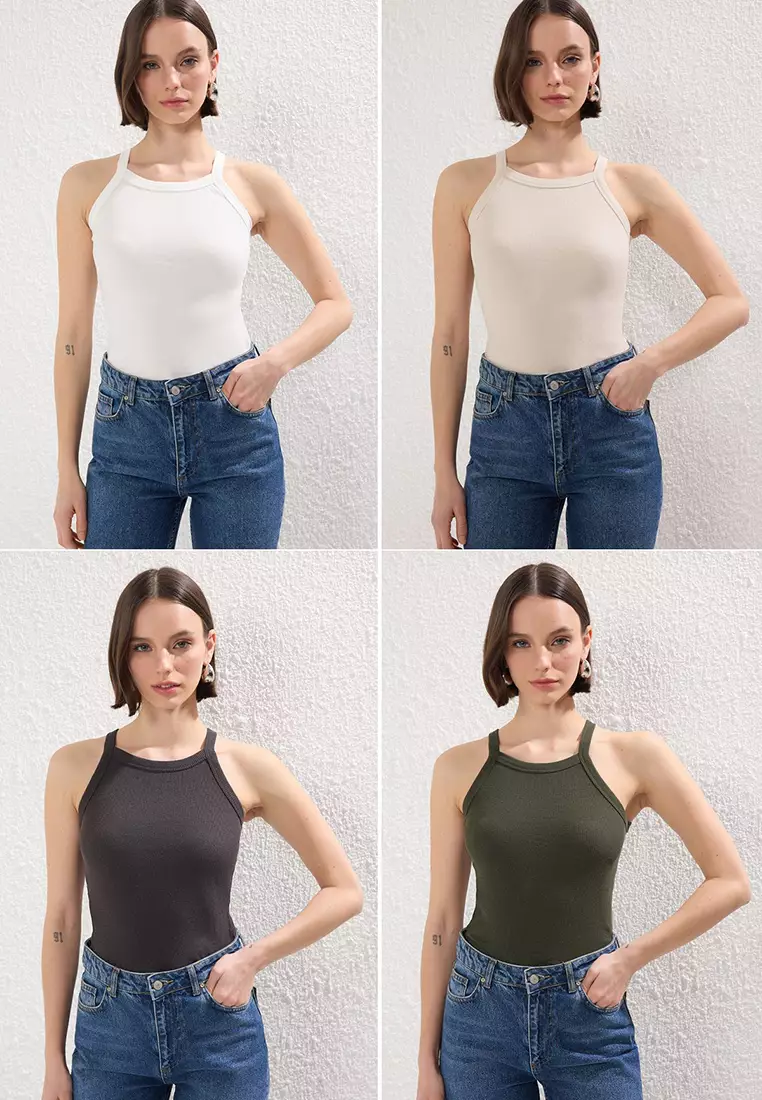 Anthracite-Ecru-Beige-Khaki 4-Pack Crop Stretch Knit Tank Top TWOSS25AL00056