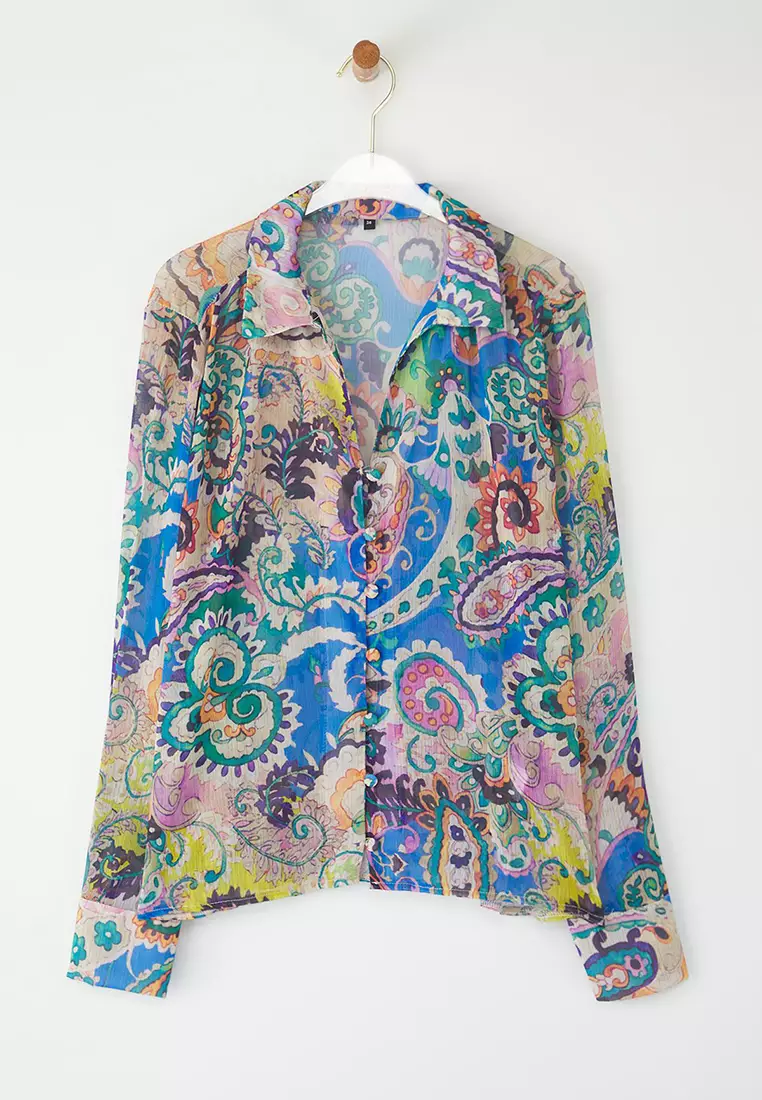 Multicolored Long Sleeve Oversize Patterned Chiffon Shirt Twoss25Go00153