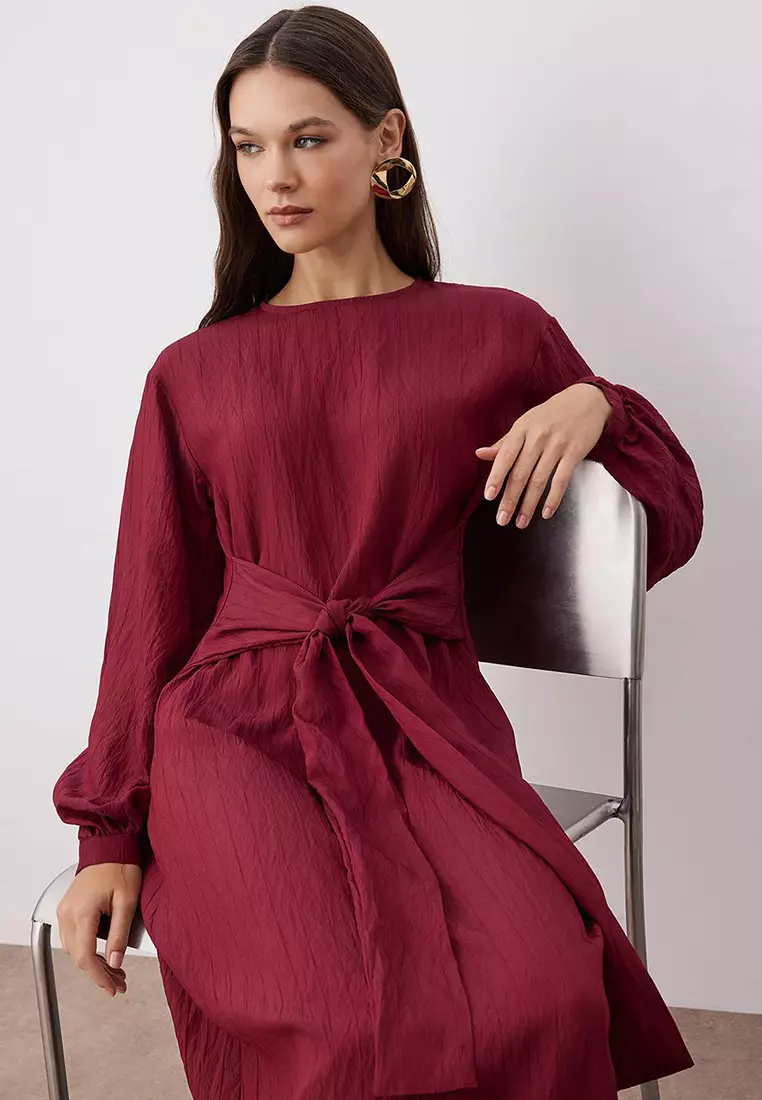 Burgundy Tie-Front Unlined Woven Dress