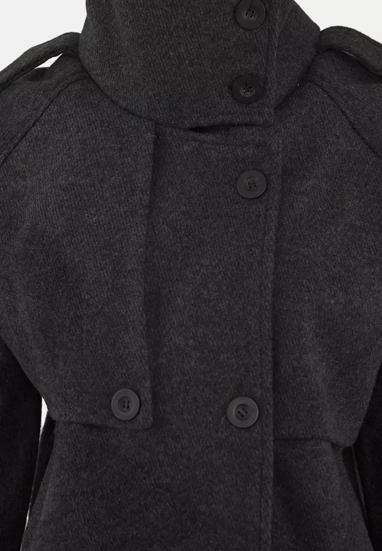 Dark Gray Diagonal Double Breasted Oversize Midi Cashmere Coat Twoaw26Kb00040