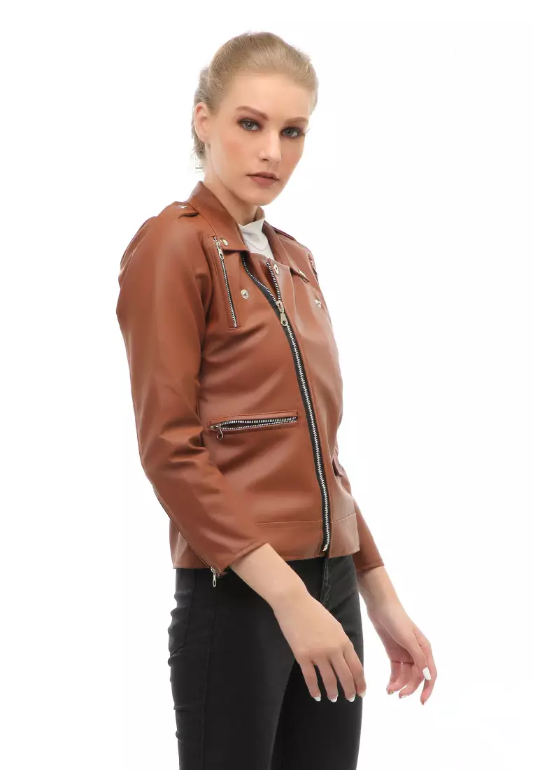 Glenice Jaket Kulit Casual Wanita Windproof Stylish Design Material Leather ORIGINAL - Brown