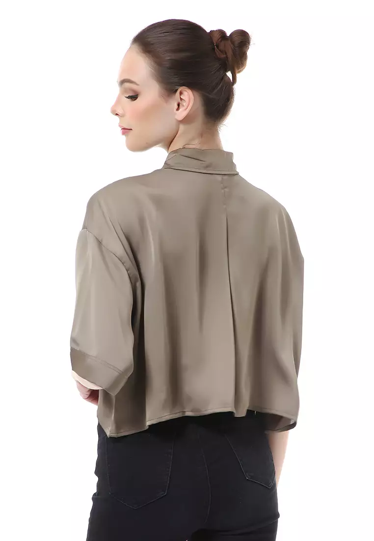 Brielle Atasan Wanita Kemeja Oversize Plain Motive Lengan Pendek Material Satin ORIGiNAL - Army Green