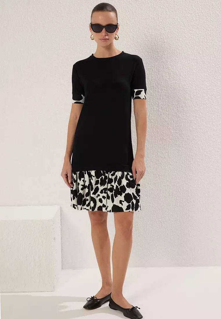 Black Animal Printed Crew Neck Short Sleeve Mini Knitted Dress Twoss25El00692