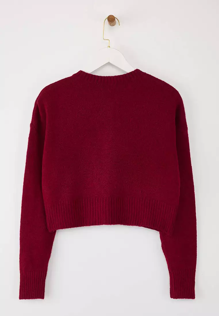 Burgundy Crop Soft Textured Button Knitwear Cardigan