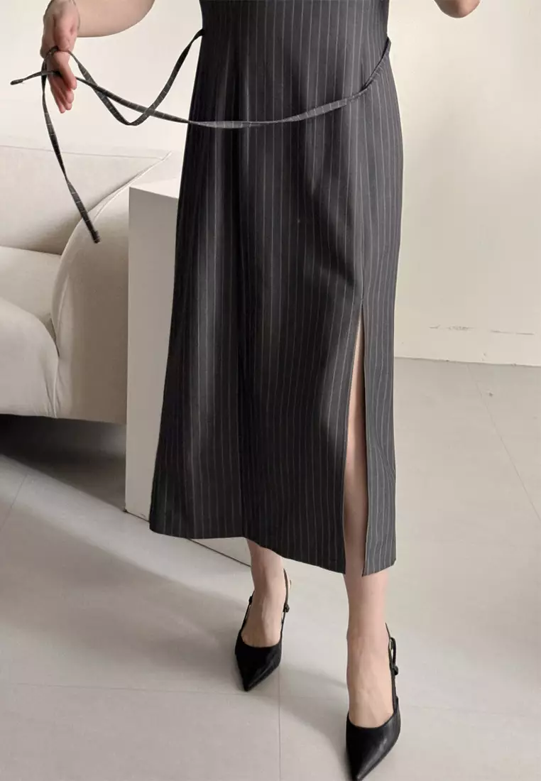 Summer French slim-fit slit striped dress CA25070906GY