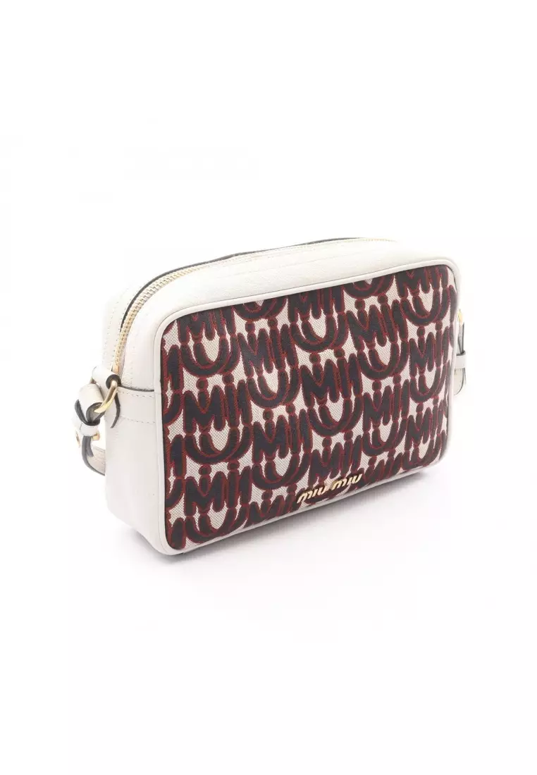 Pre-Loved MIU MIU logo jacquard Shoulder bag canvas leather off white black Brown