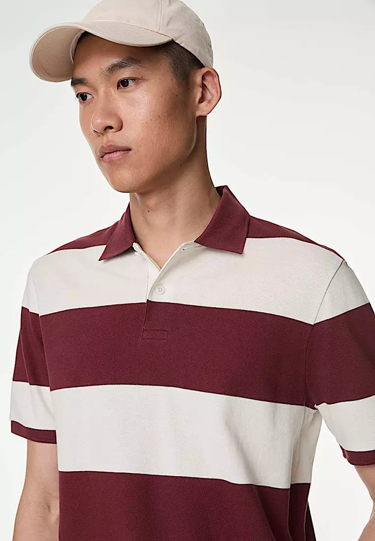 Pure Cotton Striped Pique Polo Shirt