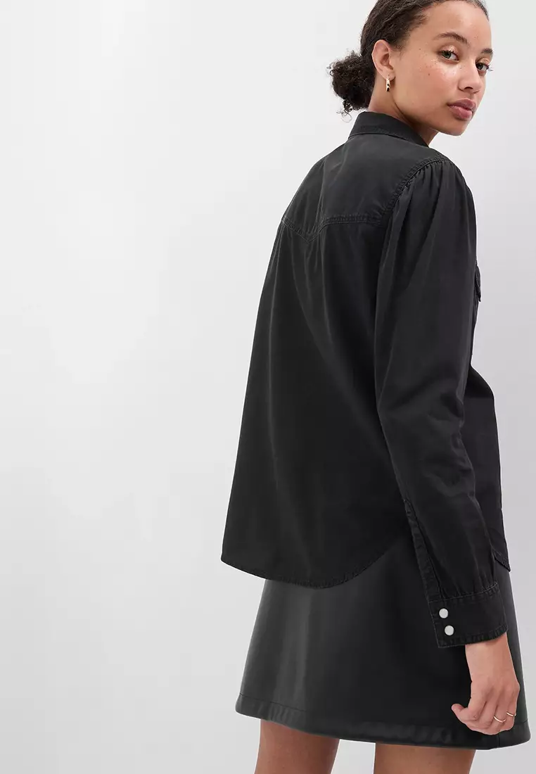 Puff Sleeve Denim Western Shirt with Washwell