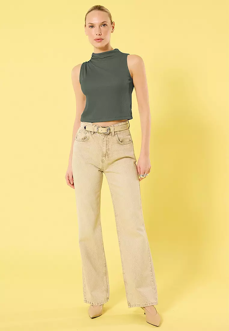 Gray Drawstring Detail Regular/Normal Fit Crop Knitted Blouse